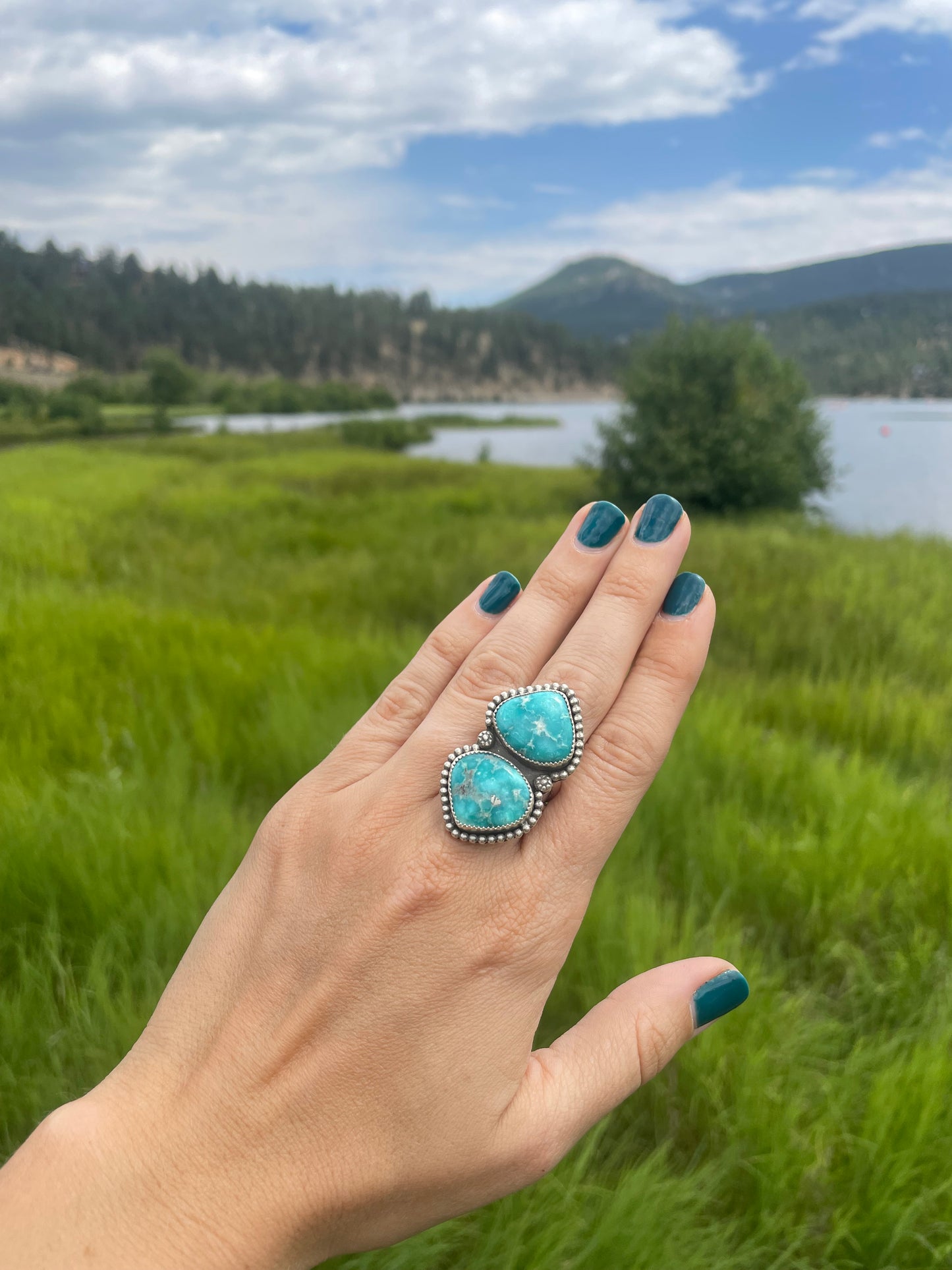 Double White Water Turquoise Mesa Ring Size 7.5