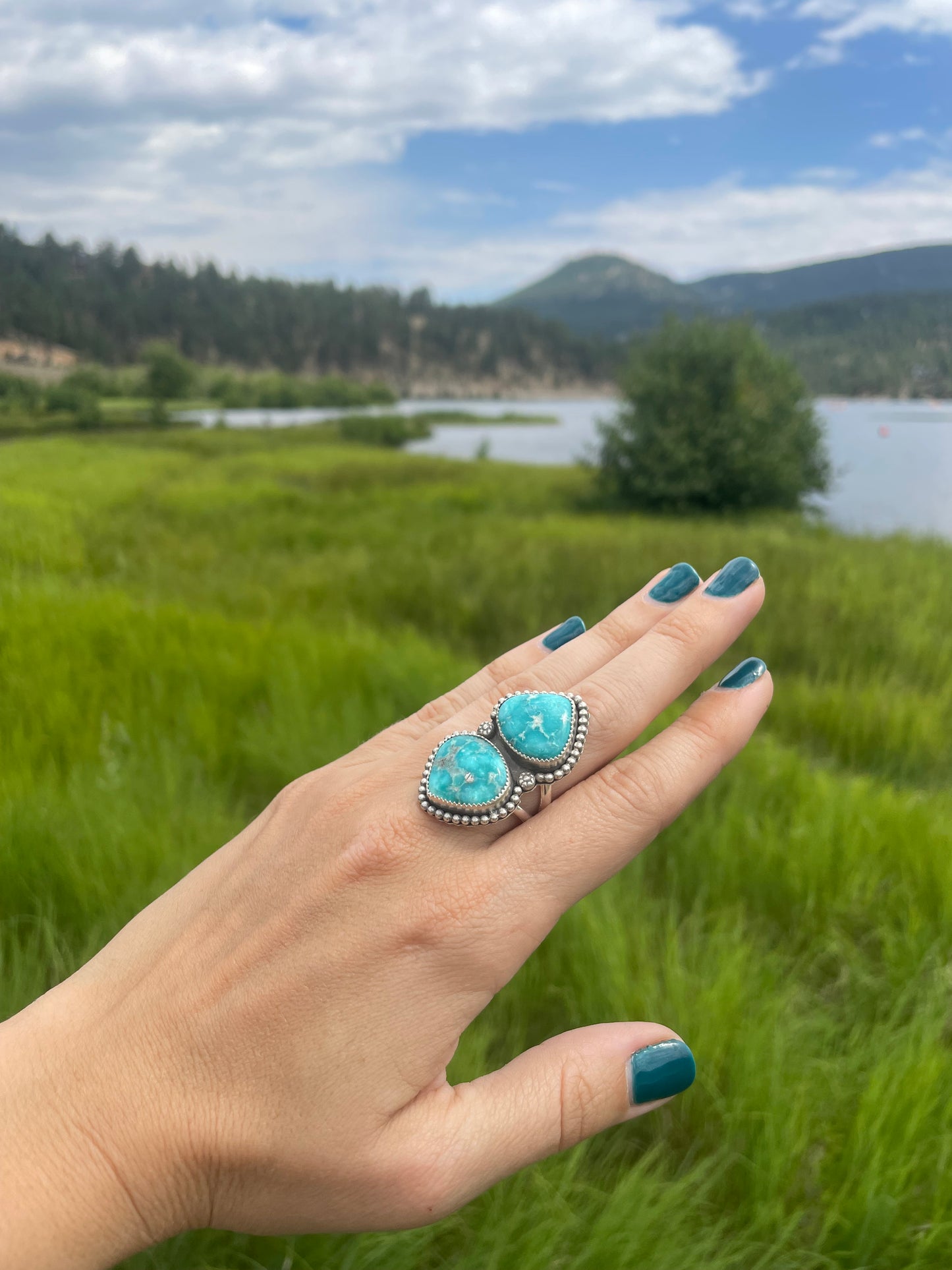 Double White Water Turquoise Mesa Ring Size 7.5