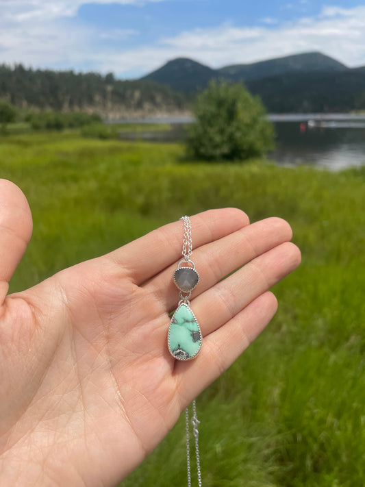 Midori Variscite and Grey Moonstone Drop Necklace