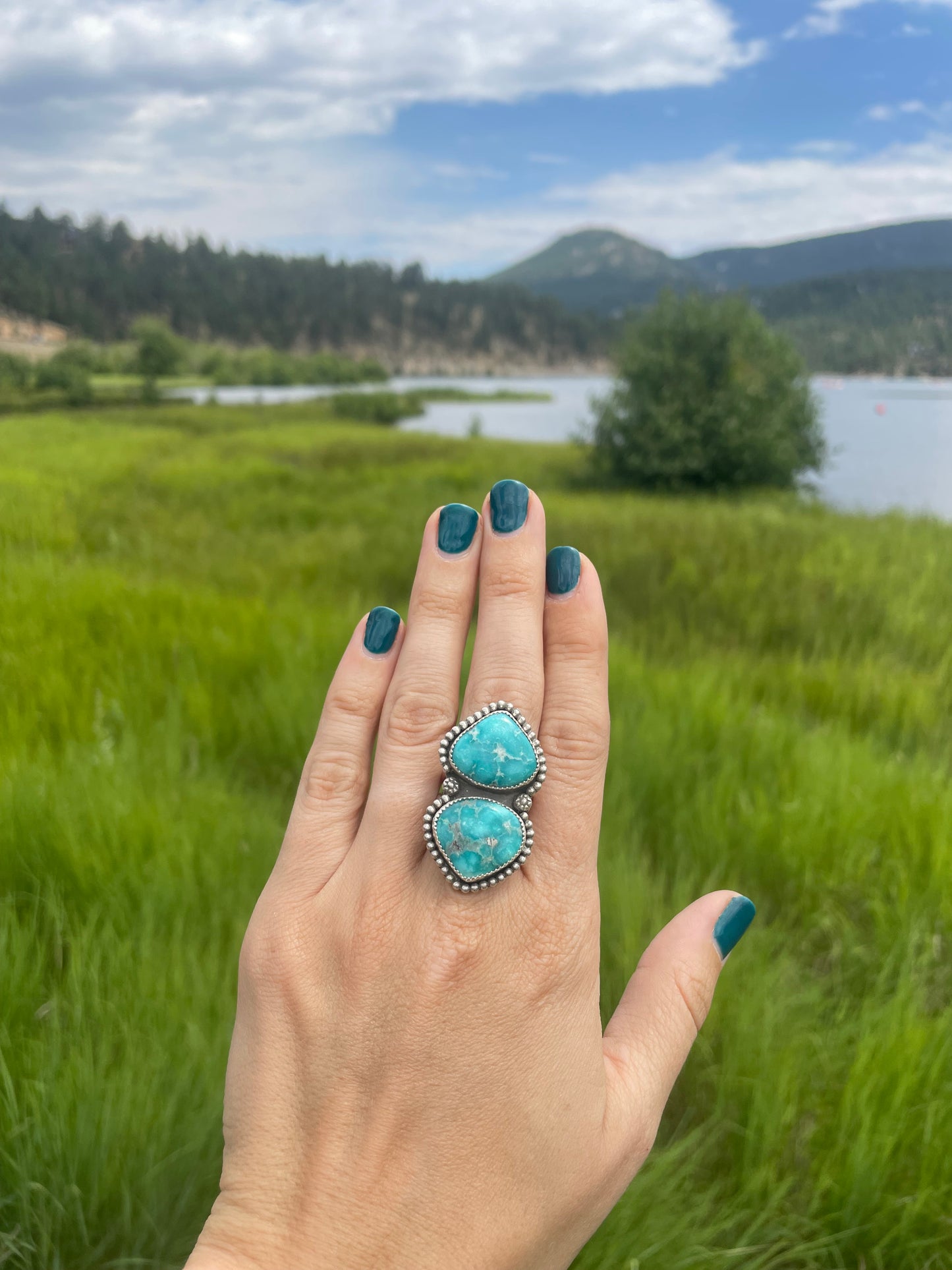 Double White Water Turquoise Mesa Ring Size 7.5