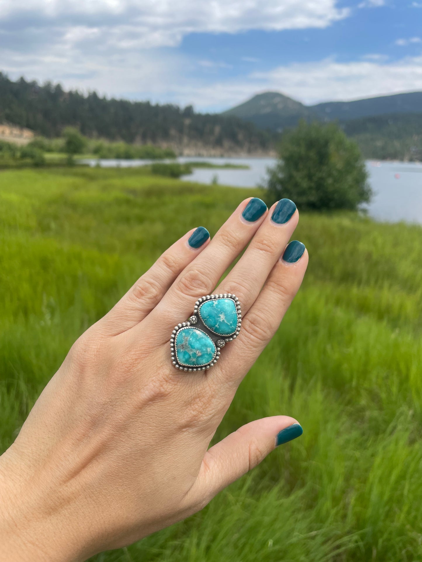 Double White Water Turquoise Mesa Ring Size 7.5