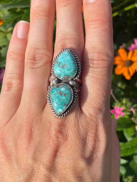 White Water Turquoise Double Roper and Bead Ring (Size 7.5)