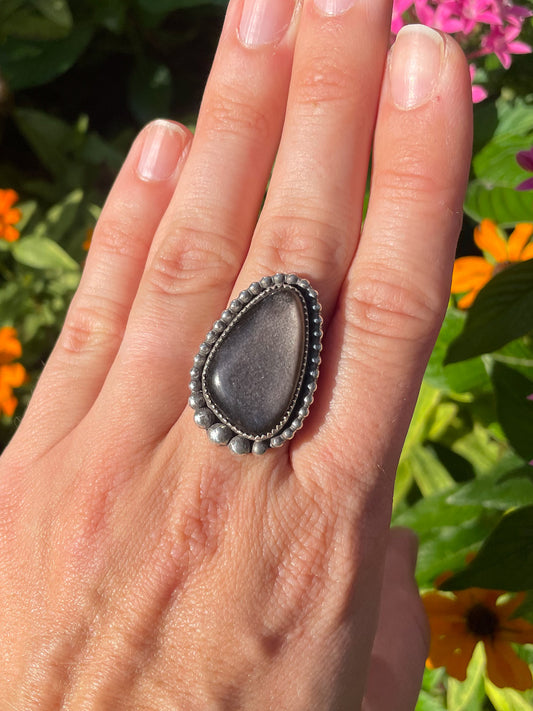 Silver Sheen Obsidian Beaded Ring (Size 8)