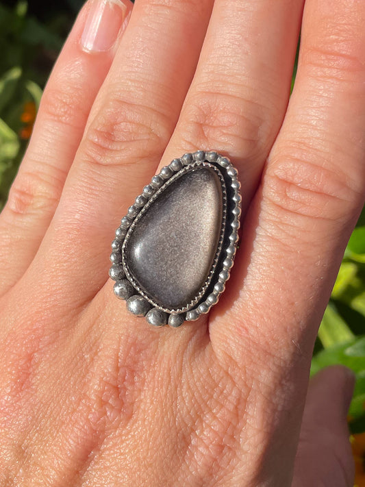 Silver Sheen Obsidian Beaded Ring (Size 8)