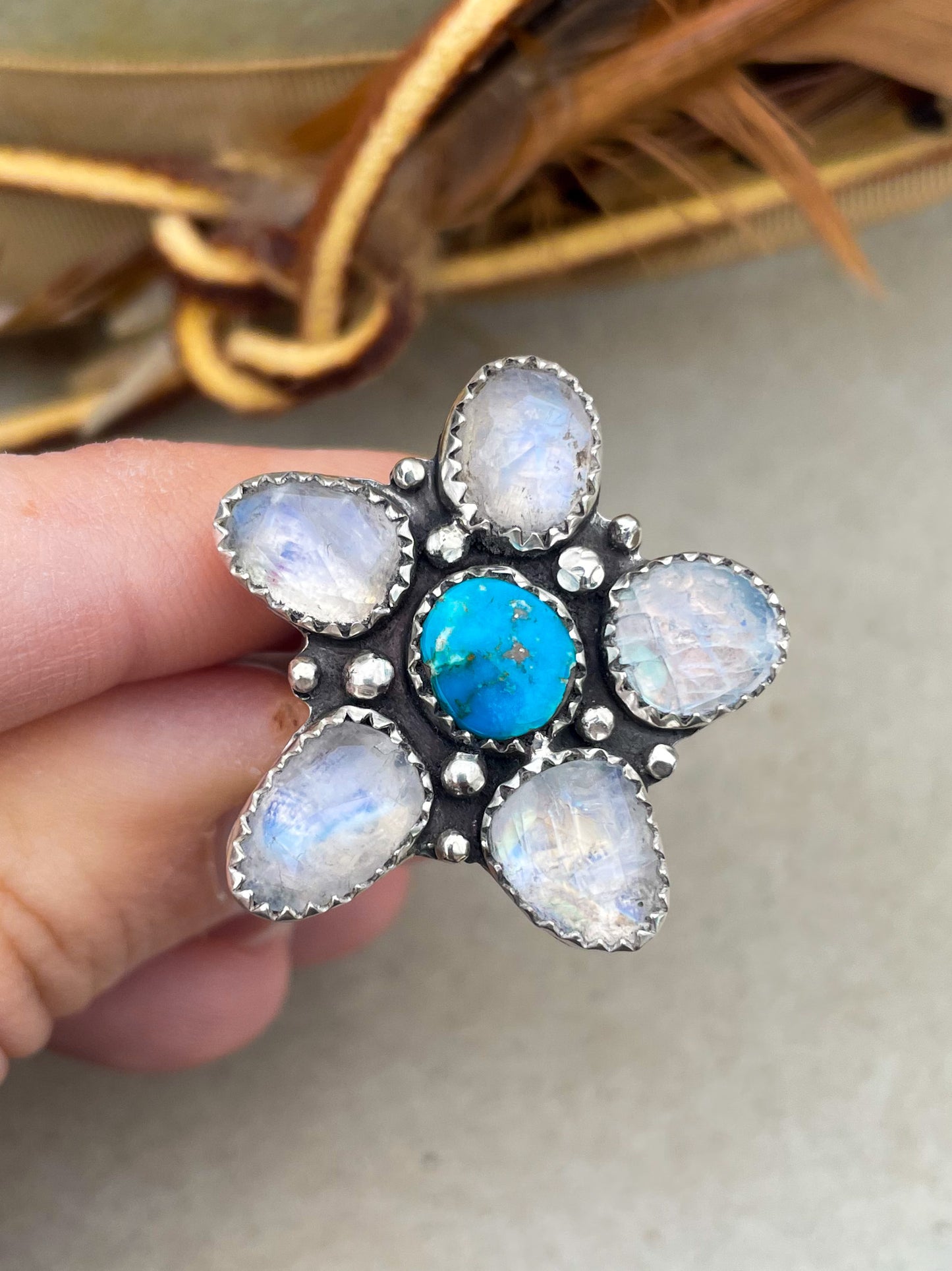 Rainbow Moonstone Flower Ring  (Size 8)