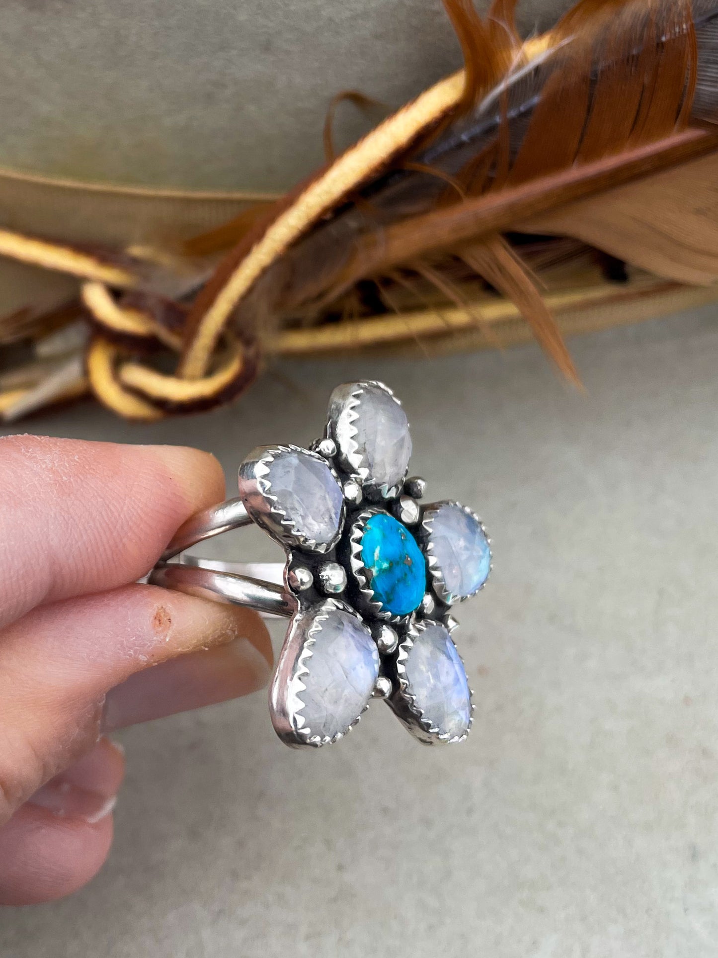 Rainbow Moonstone Flower Ring  (Size 8)