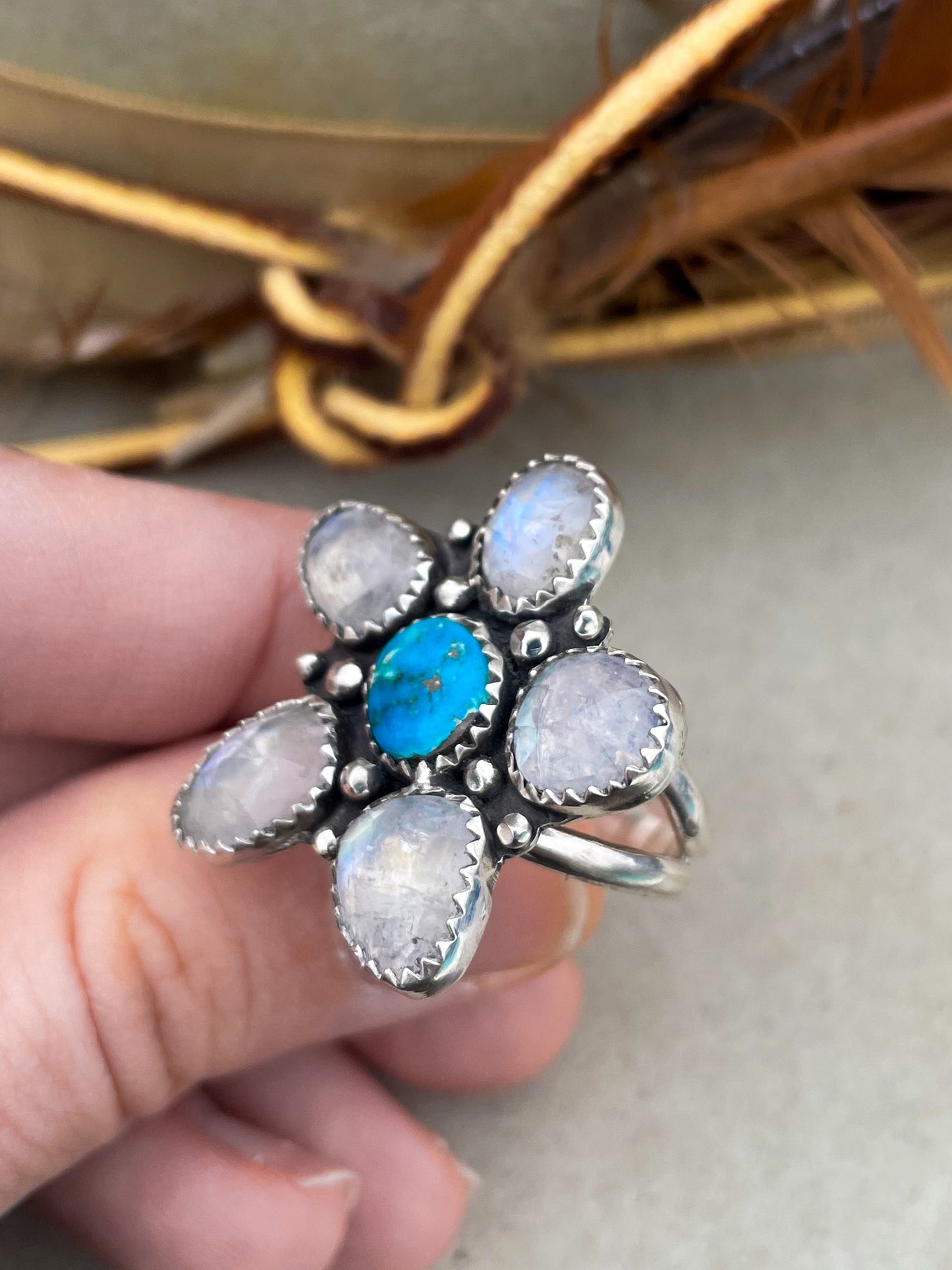 Rainbow Moonstone Flower Ring  (Size 8)