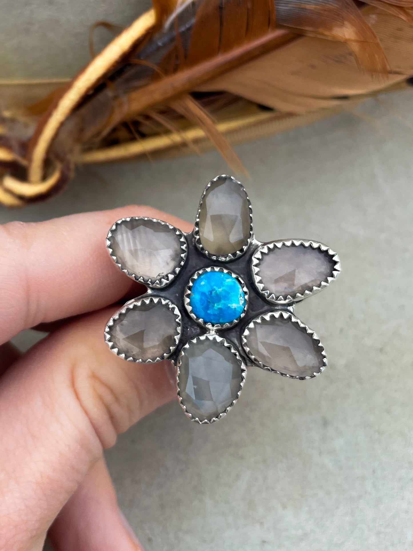 Grey Moonstone Flower Ring (Size 9)