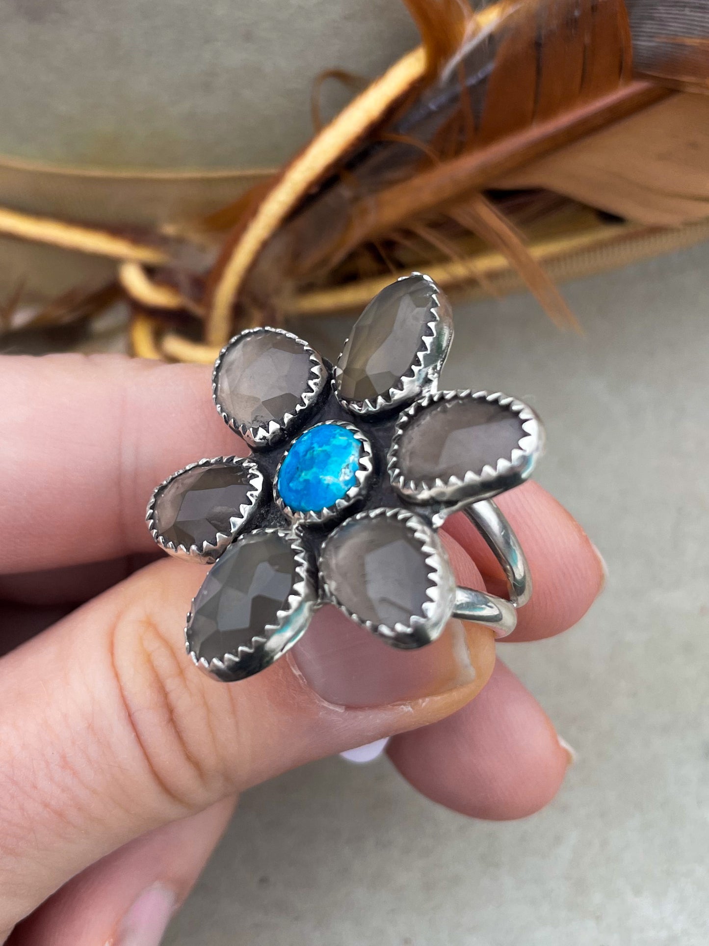 Grey Moonstone Flower Ring (Size 9)