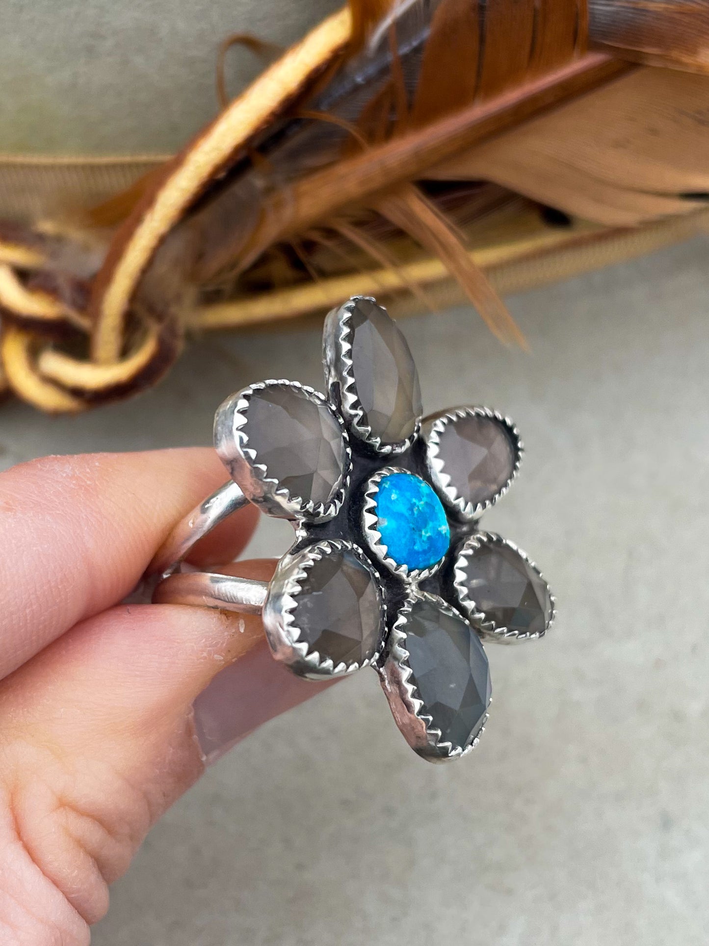 Grey Moonstone Flower Ring (Size 9)