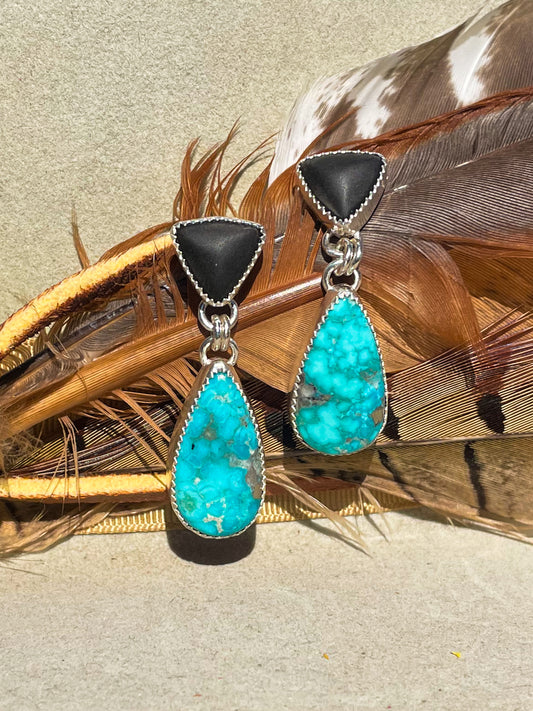 Matte Onxy &  White Water Turquoise Drop Earrings