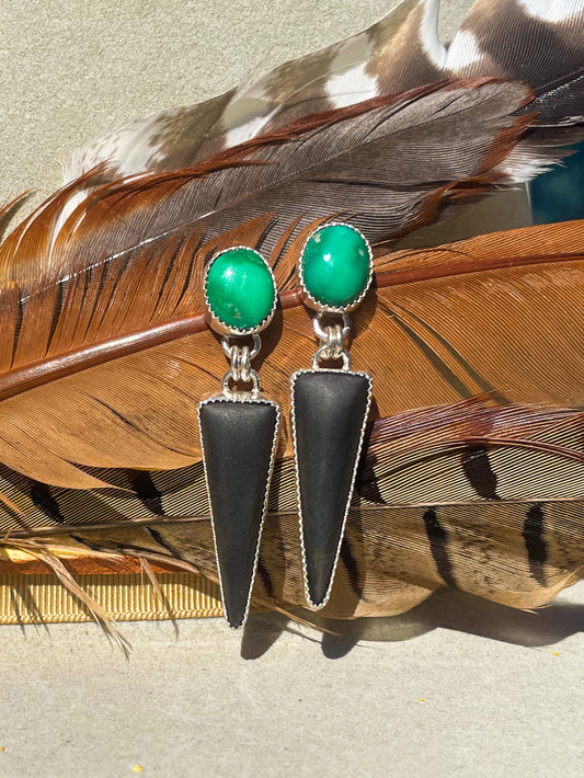 Emerald Valley Turquoise and Matte Onyx Drop Earrings