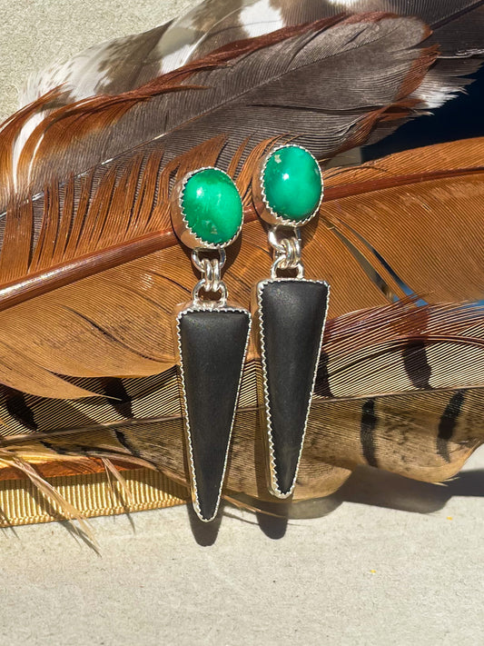 Emerald Valley Turquoise and Matte Onyx Drop Earrings